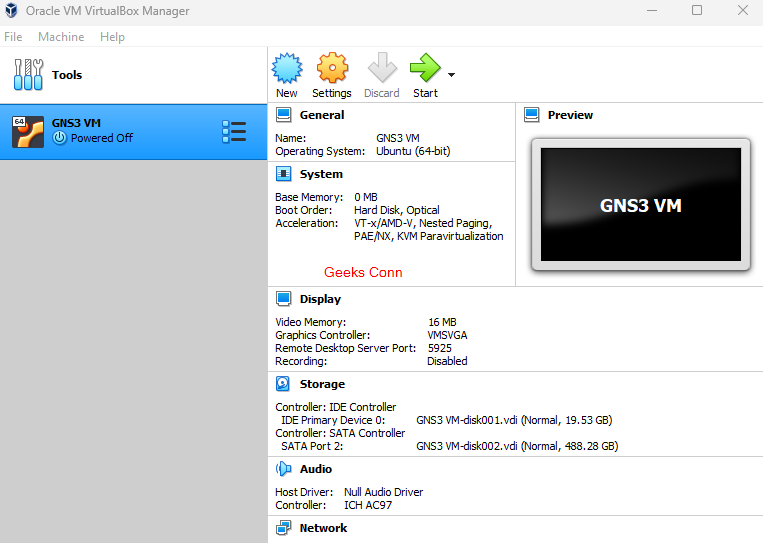 GNS3 VM Server di VirtualBox
