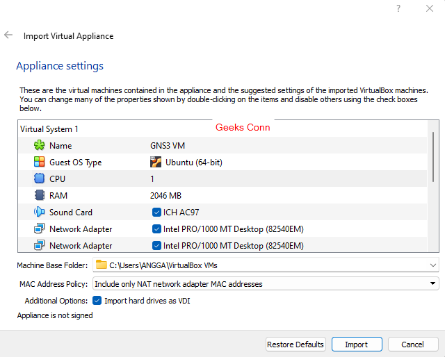 GNS3 VM Server di VirtualBox