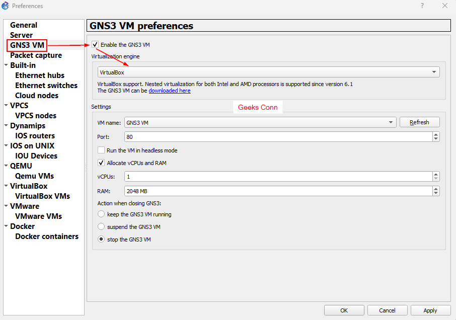 GNS3 VM Server di VirtualBox