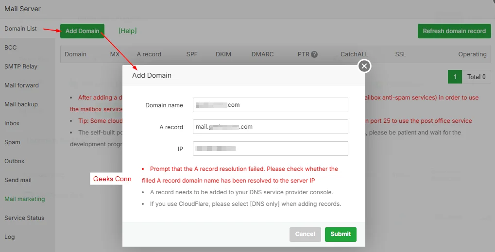 Add Domain Mail Server aaPanel