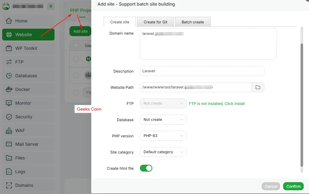Add Site Laravel aaPanel
