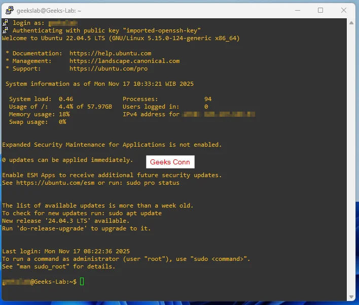 Berhasil Login VPS Server dengan Remote Akses SSH Client