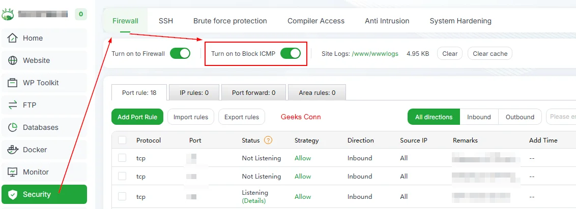 Block Protocol ICMP di Firewall aaPanel