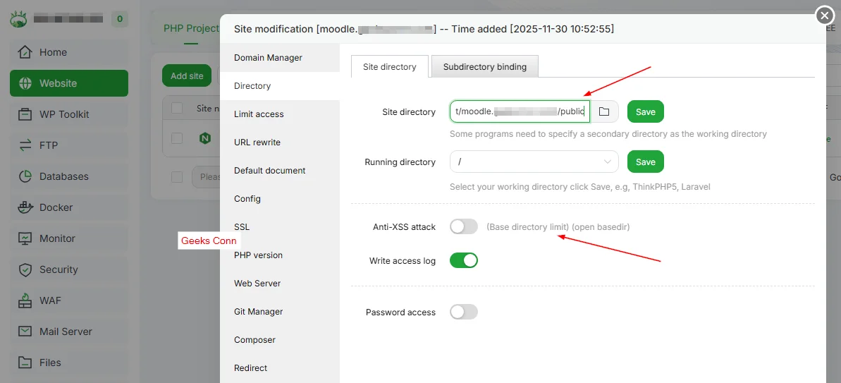 Configuration Site Moodle aaPanel