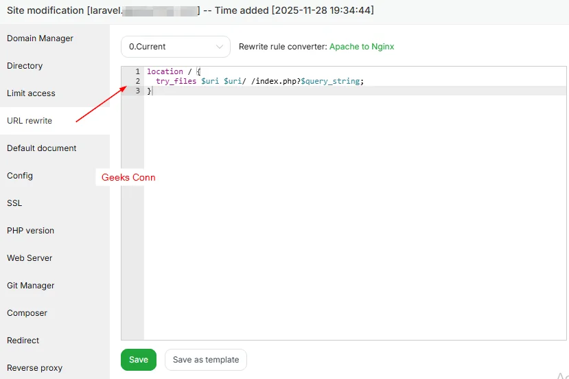 Configuration URL rewrite Site Nginx aaPanel