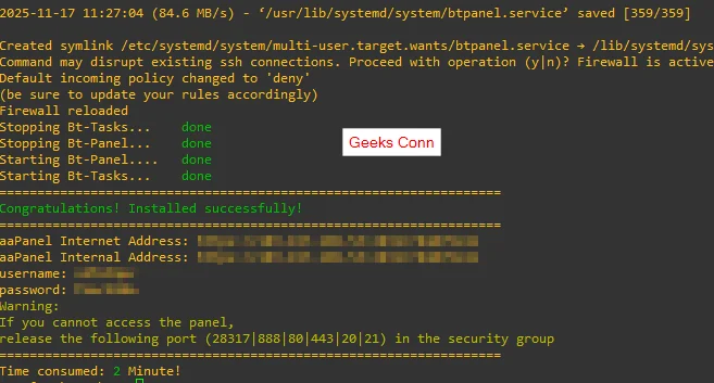 Congratulation Installed Successfully aaPanel