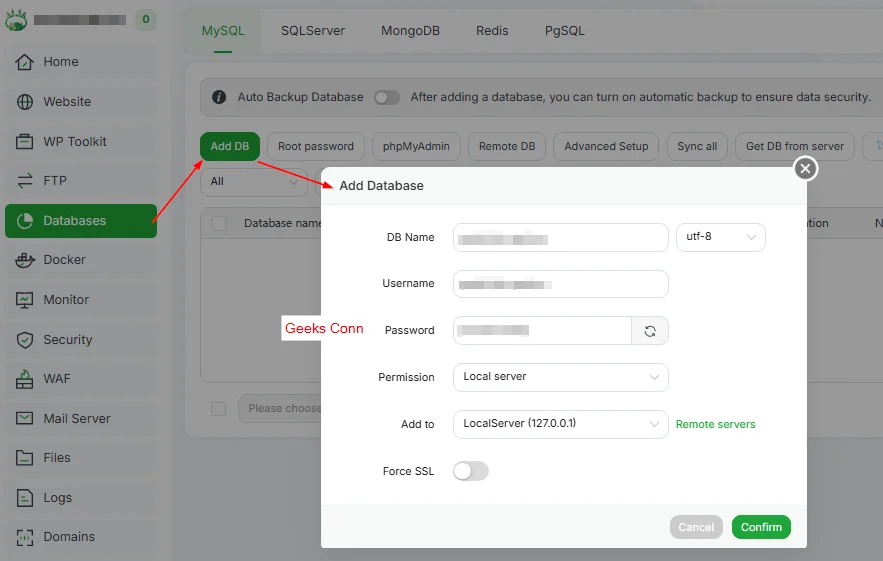 Create Database di aaPanel