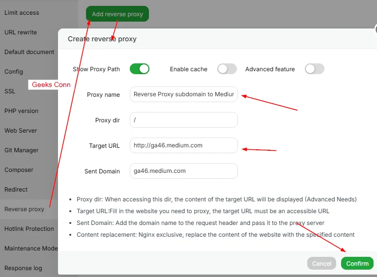 Create Reverse Proxy pada Site aaPanel
