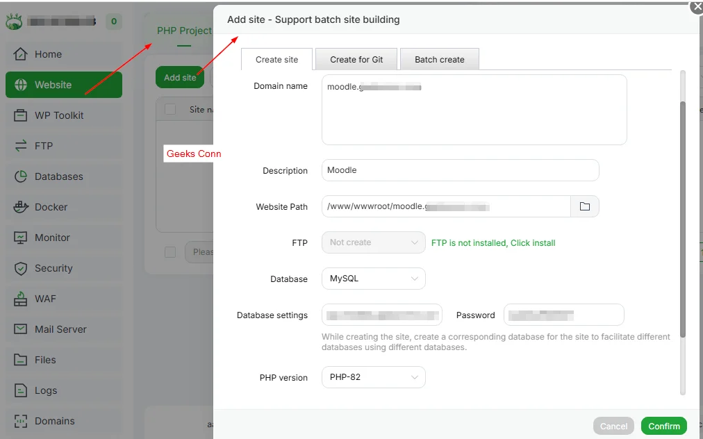 Create Site Moodle aaPanel