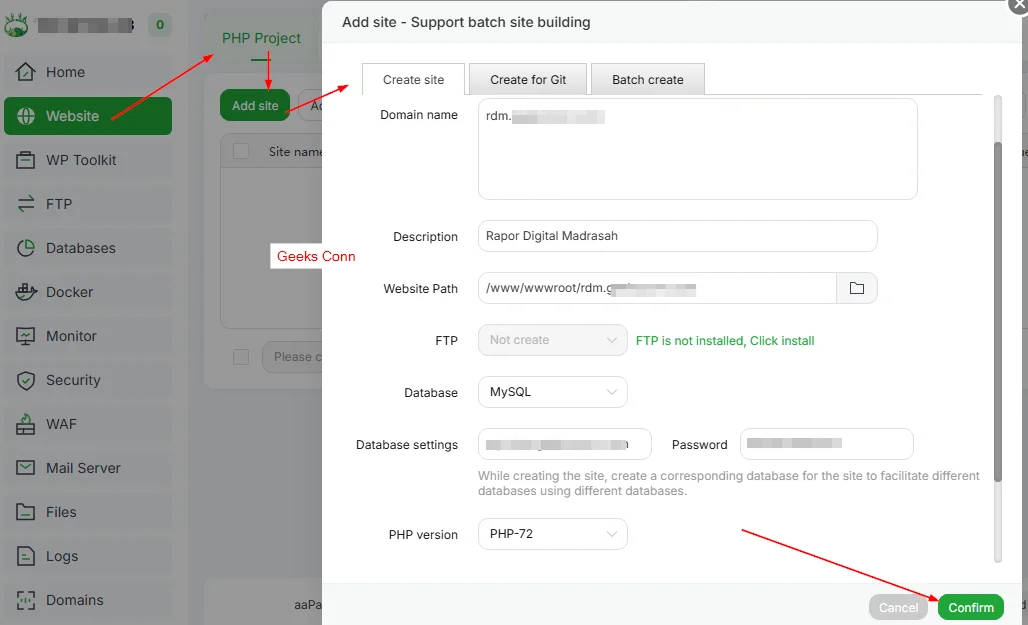 Create Site RDM aaPanel