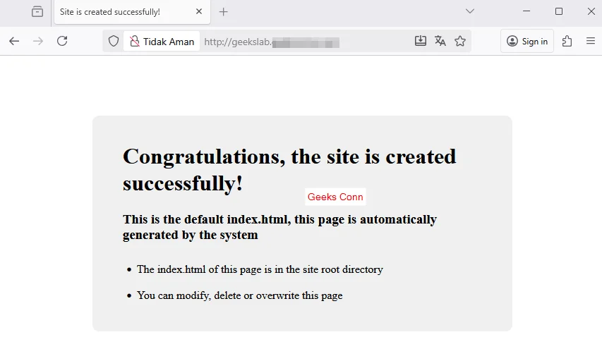 Domain dan Website aaPanel Berhasil di Akses