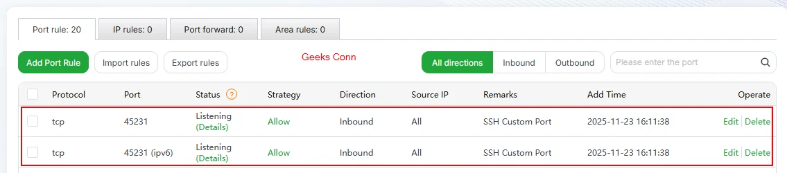 Hasil Menambahkan Port SSH Custom di Firewall aaPanel
