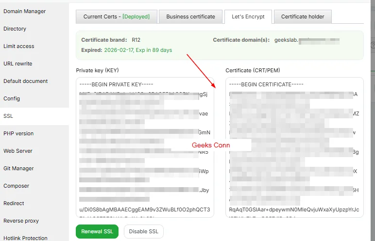 Hasil Pembuatan SSL Lets Encryption aaPanel