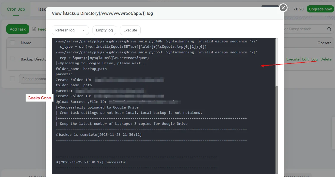 Log Cron aaPanel Backup Google Drive