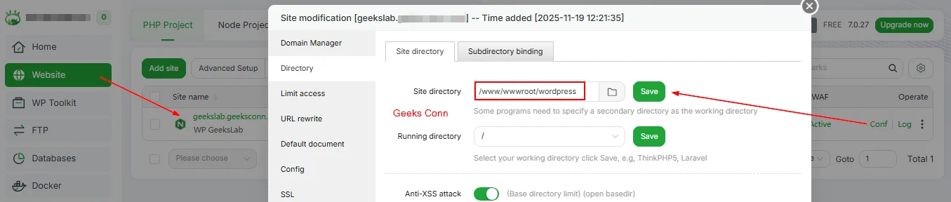 Menambahkan Folder wordpress ke Site directory