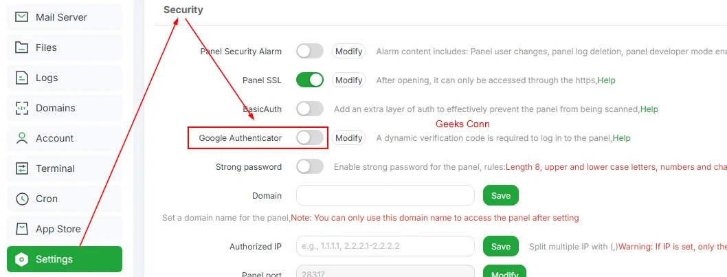 Mengaktifkan Google Authenticatior aaPanel