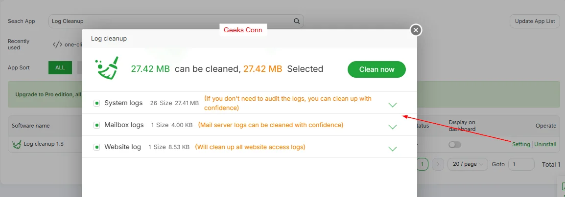 Menjalankan Plugin Log Cleanup