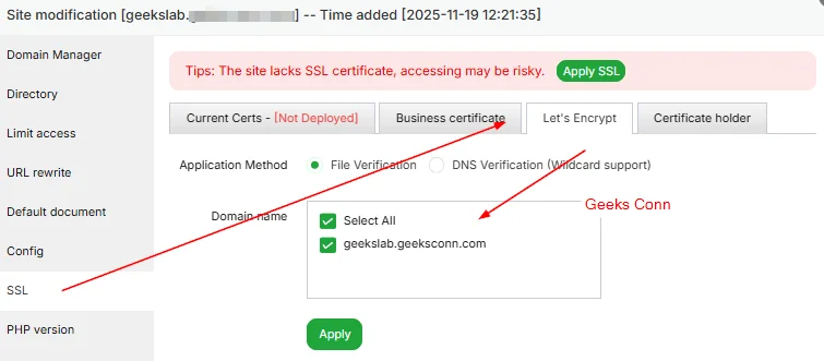 Menu SSL Website aaPanel