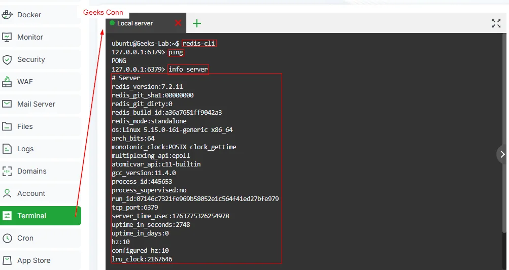 Pengujian Redis di aaPanel menggunakan Terminal