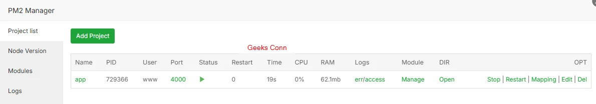 Project List PM2 Manager