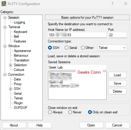 PuTTY Configuration SSH Client