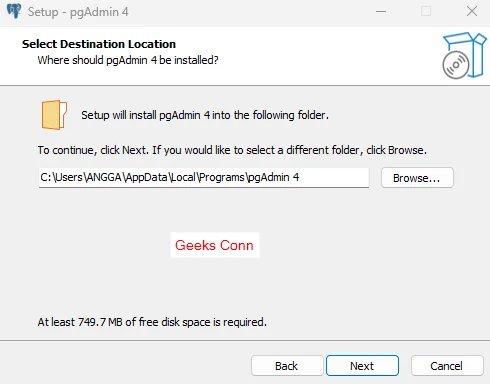 Select Destination Location pgAdmin