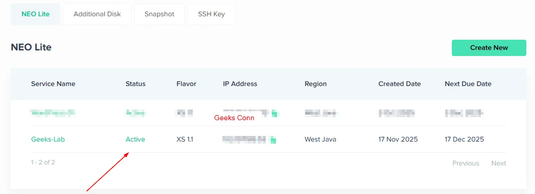 VPS Server Neo Lite Status Active
