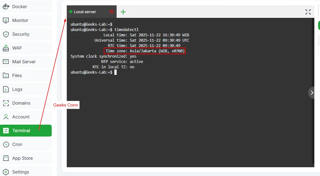 Verification Date dan Time Zone di Terminal aaPanel