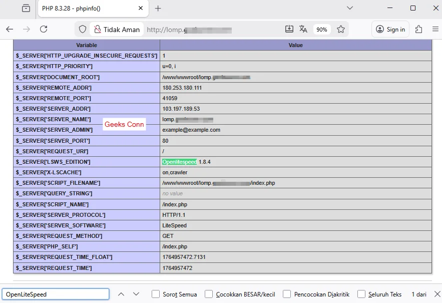 Check PHP dan OpenLiteSpeed