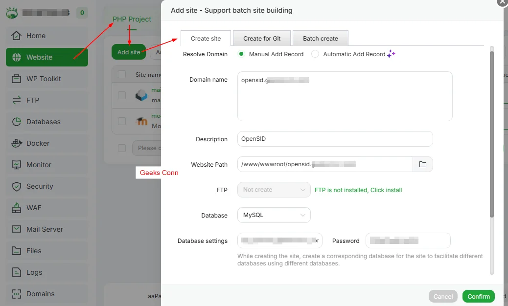 Create Site OpenSID di aaPanel