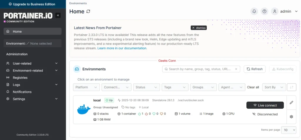 Dashboard Portainer Community Edition