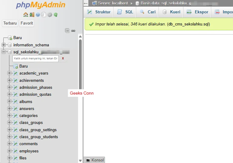 Hasil Import Database Sekolahku