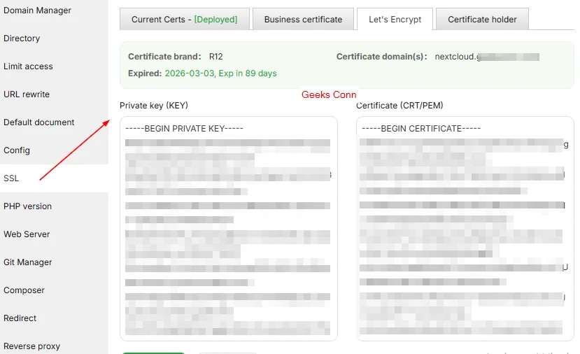 Hasil Pembuatan SSL akan ada Private Key dan Certificate Lets Encrypt