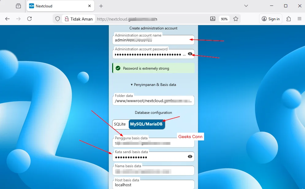 Register User NextCloud dan Setting Database