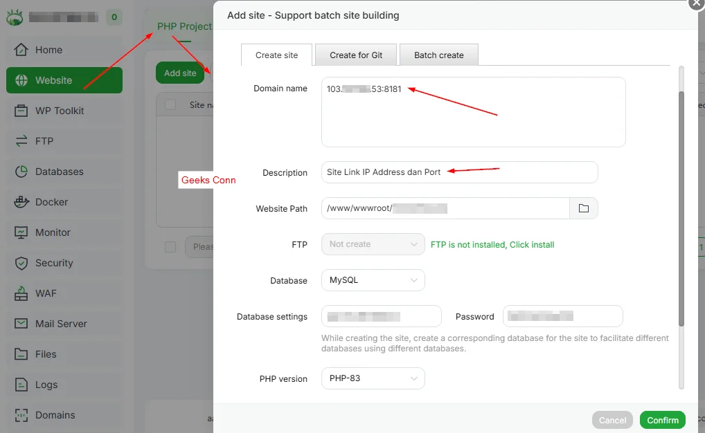 Site IP Address dan Port Custom