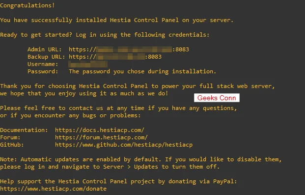 Congratulations Successfully Installed Hestia Control Panel