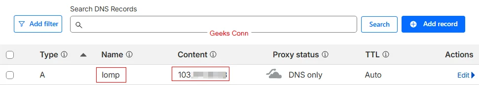 DNS Record Cloudflare Stack LOMP