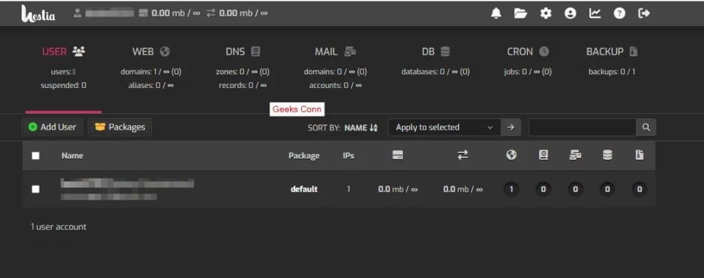 Dashboard Hestia Control Panel