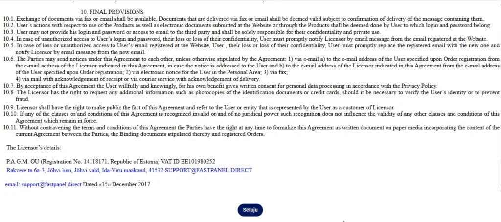 License Agreement Fastpanel