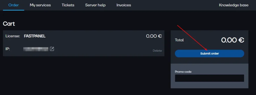 Submit Order License Fastpanel