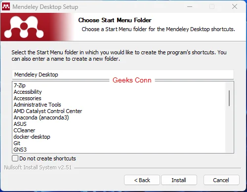 Choose Start Menu Folder Mendeley Folder
