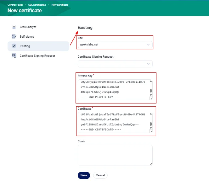 Configuration Private Key dan Certificate Fastpanel