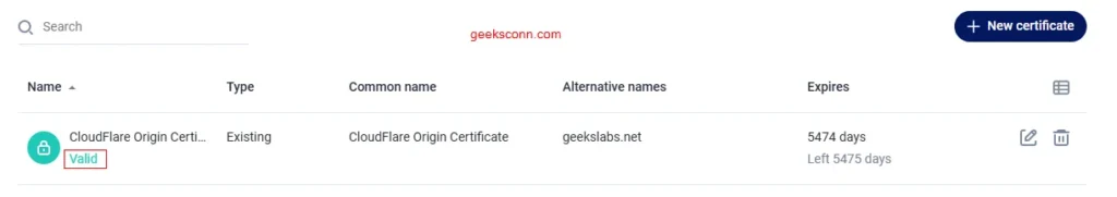 Hasil membuat SSL Certificate di Fastpanel