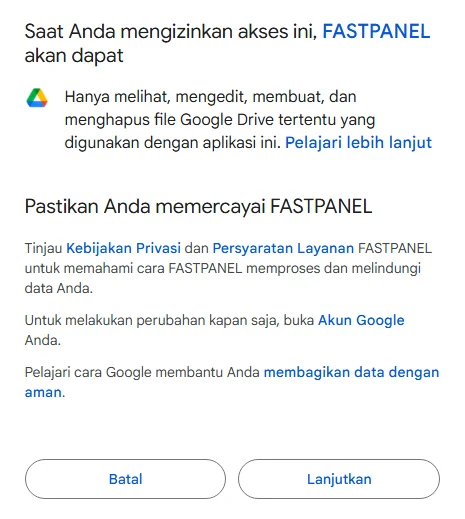 Izinkan Akses Fastpanel ke Google Drive