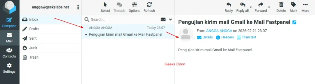Mail Gmail berhasil masuk Mail Fastpanel Mail Gmail berhasil masuk Mail Fastpanel