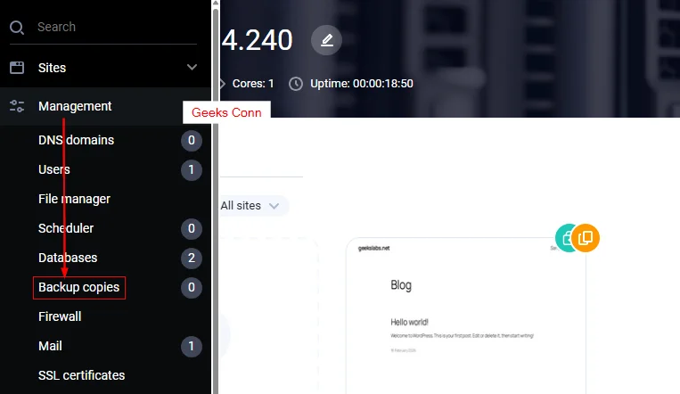 Menu Backup Copies Fastpanel