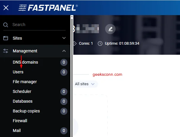 Menu Users Fastpanel