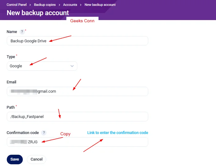New Backup Account Fastpanel